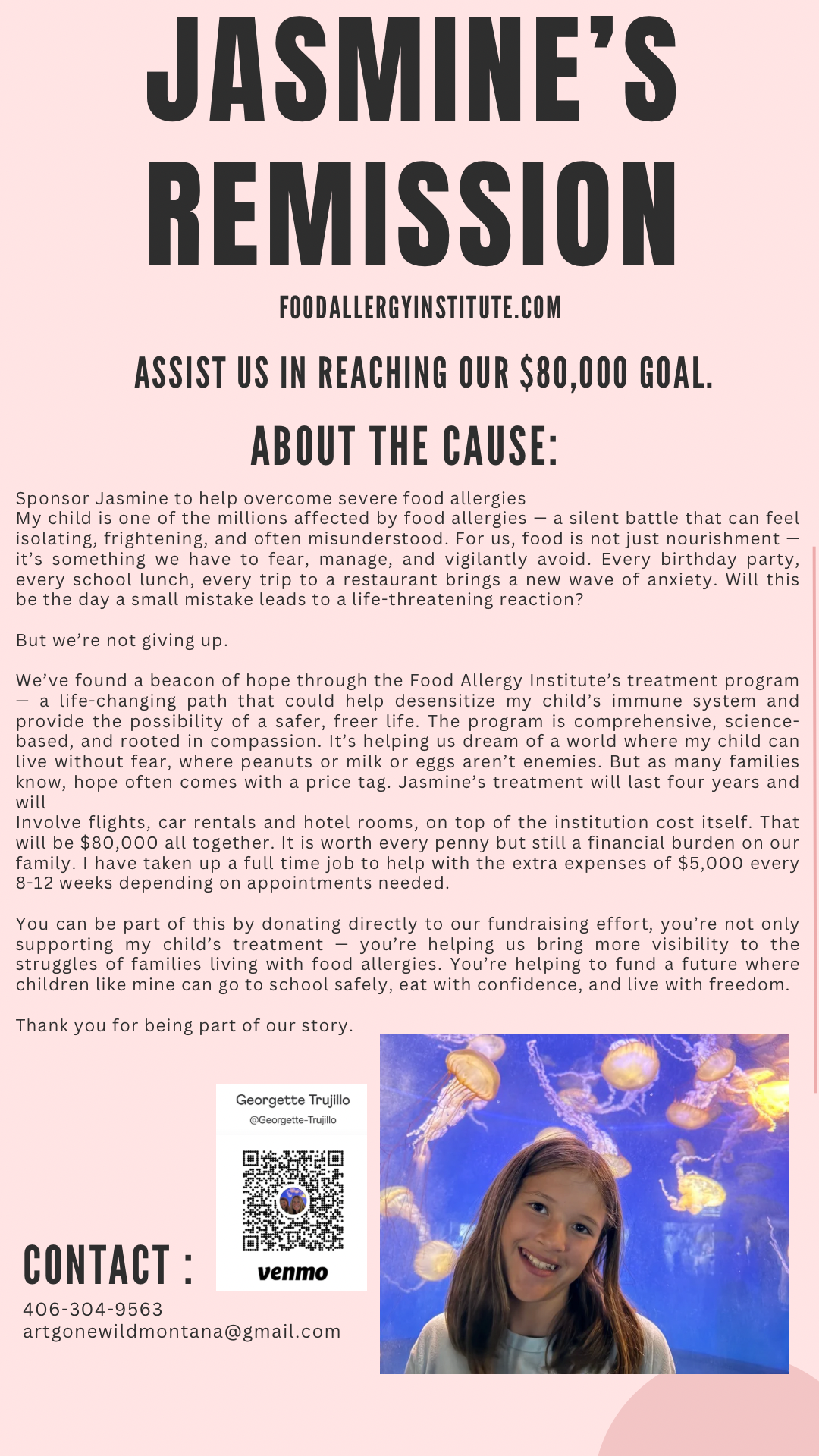 Jasmine smiling at an aquarium; fundraising flyer preview
